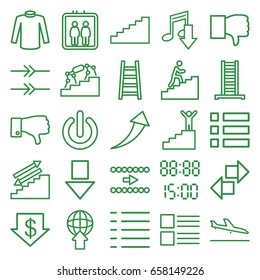 Down icons set. set of 25 down outline icons such as plane landing, elevator, ladder, dollar down, sweater, dislike, menu, man climbing stairs, switch off, arrow, digital time