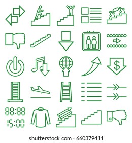 Down icons set. set of 25 down outline icons such as plane landing, elevator, ladder, stairs, dollar down, sweater, dislike, menu, man climbing stairs, switch off, arrow