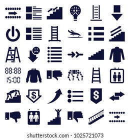 Down icons. set of 36 editable filled down icons such as elevator, ladder, dollar down, sweater, menu, stairs, arrow, dislike, man on stairs, arrow up, switch off