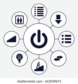 Down icons set. set of 9 down filled icons such as elevator, menu, man climbing stairs, switch off, arrow, stairs, arrow down
