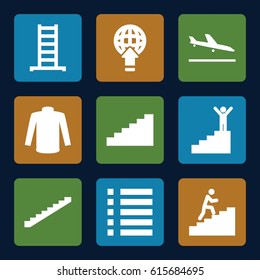 Down icons set. set of 9 down filled icons such as plane landing, ladder, stairs, sweater, menu, man climbing stairs, man on stairs