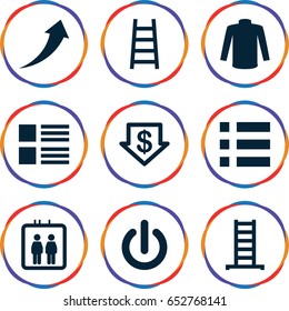 Down icons set. set of 9 down filled icons such as elevator, ladder, dollar down, sweater, switch off, arrow up