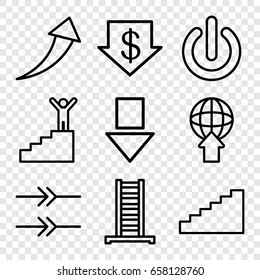 Down icons set. set of 9 down outline icons such as ladder, dollar down, switch off, arrow, stairs, man on stairs
