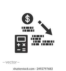 down income icon, calculate loss, financial drop, accountancy concept, economy crisis, graph down, audit, flat vector illustration