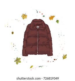 Down jacket burgundy color. Outerwear on the background of autumn leaves and drops of watercolor. Hand drawn vector illustration on a white background.