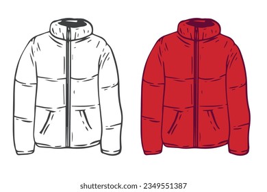 La chaqueta de abajo con la mano de caricatura dibuja un estilo plano. Tela casual de moda unisex aislada en fondo blanco. Establecer el color y el elemento de esquema. Ilustración vectorial vintage.