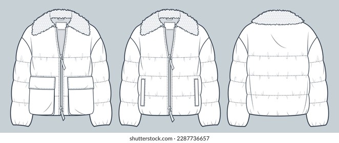 Down Jacket and fur collar technical fashion Illustration  Puffer Jacket  Outerwear technical drawing template  zip  up  pocket  front   back view  white  women  men  unisex CAD mockup set 