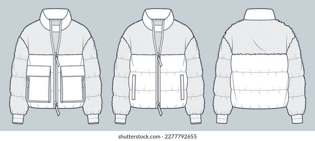 Down Jacket with fur trim technical fashion Illustration. Fur Jacket, Outerwear technical drawing template, zip-up, pocket, front and back view, white, women, men, unisex CAD mockup set.