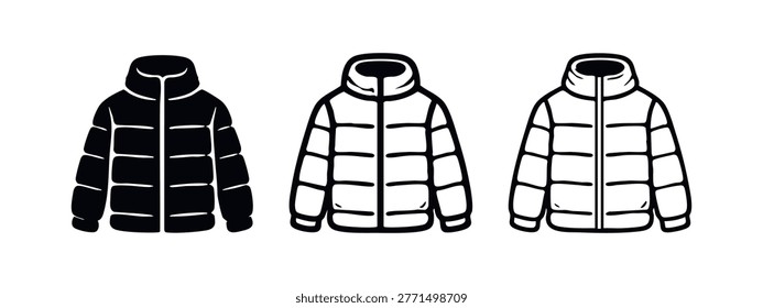 Down jacket icon set. Puffer jacket vector symbol. Winter coat sign illustration. Warm clothing pictogram.