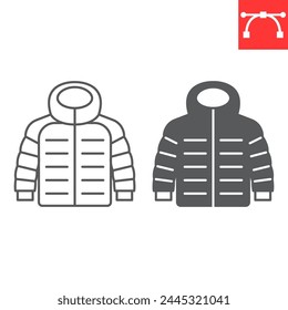 Línea de la chaqueta abajo e ícono de glifo, ropa y compras, ícono de Vector de chaqueta de invierno, gráficos de Vector, signo de contorno de trazo editable, eps 10.