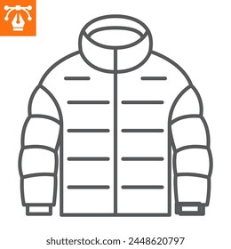 Icono de línea de chaqueta de plumón, ícono de estilo de contorno para Sitio web o App móvil, ropa y compras, ícono de Vector de chaqueta de invierno, Ilustración vectorial simple, gráficos de Vector con trazos editables.