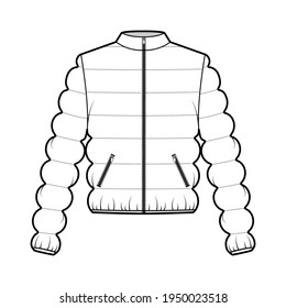 Down jacket puffer waistcoat technical fashion illustration with long sleeve, stand collar, zip-up closure, pockets, oversized body. Flat template front, white color style. Women, men, top CAD mockup