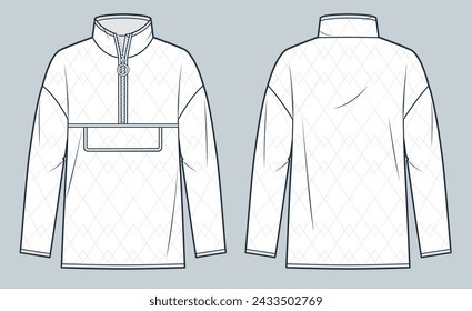 Down Jacket technical fashion Illustration. Unisex Lightweight Anorak fashion flat technical drawing template, quilted, pocket, half zipper, front and back view, white, women, men, unisex CAD mockup.