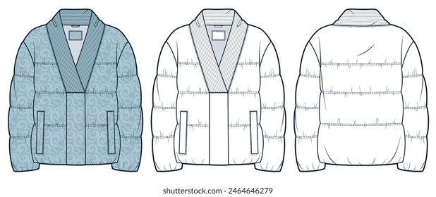 Abajo Chaqueta técnica de la moda Ilustración, patrón floral. Chaqueta acolchada Plantilla de dibujo técnico plano de moda, cuello acanalado, frente, vista posterior, blanco, azul claro, mujeres, hombres, conjunto de maquetas CAD unisex