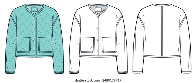 Down Jacket technical fashion Illustration. Padded Jacket fashion flat technical drawing template,  pockets, front and back view, white, green, women, men, unisex Outrwear CAD mockup set.