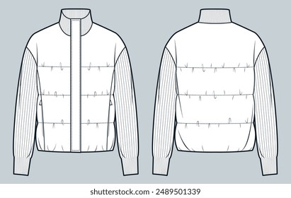 Down Jacket technical fashion Illustration. Puffer Jacket with knit sleeves and collar fashion flat technical drawing template, pockets, front and back view, white, women, men, unisex CAD mockup.