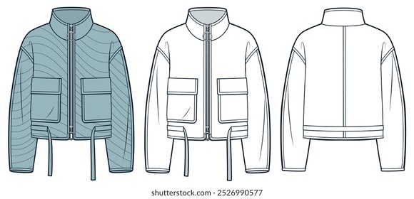 Chaqueta de plumón técnica de moda Ilustración. Chaqueta acolchada ligera de Plantilla plana de dibujo técnico, cordón, bolsillos, cremallera, frente, vista posterior, blanco, azul, mujeres, hombres, unisex CAD maqueta conjunto.