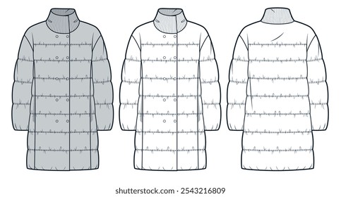 Chaqueta de plumón técnica de moda Ilustración. Plantilla de dibujo técnico plano de moda de Down Coat, cuello acanalado, bolsillo, vista frontal y posterior, blanco, gris, mujeres, hombres, conjunto de maquetas CAD unisex.