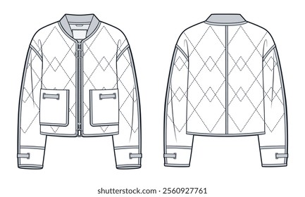 Down Jacket technical fashion Illustration. Bomber Jacket fashion flat technical drawing template, pockets, zipper, eyelets hole, quilted, front and back view, white, women, men, unisex CAD mockup.