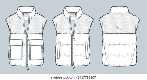 Abajo el chaleco de la Chaqueta con el guarnecido de la Pie Ilustración técnica. Moda Puffer Vest plancha de dibujo técnico plano, bolsillos, vista frontal y trasera, blanco, mujeres, hombres, unisex Uterwear CAD conjunto de maquillaje. 