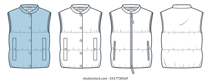 Down Jacket Vest technical fashion Illustration. Cropped padded Jacket fashion flat technical drawing template, pockets, zipper, button, front, back view, white, blue, women, men, unisex CAD mockup.