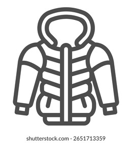 Jaqueta para baixo com ícone de linha de capuz quente, conceito de roupa de outono. Gráficos vetoriais. Casaco com capuz de cabeça para homens, sinal de roupas no fundo branco, ícone de estilo de contorno para design móvel ou web