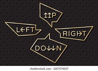Up Down Left Right Glossy Gold Style Logos Lettering with Arrows in Abstract Pointers Shapes Speech Bubbles - Golden Elements on Black Holes Wallpaper Background - Vector Gradient Graphic Design