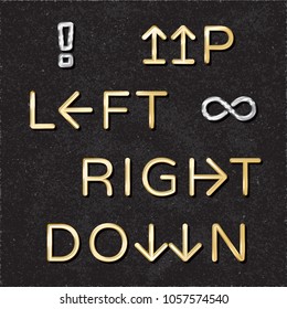 Up Down Left Right Glossy Gold Style Logos Lettering with Arrows and Infinity Creative Concept Set - Golden and Silver Elements on Black Rough Paper Background - Vector Gradient Graphic Design