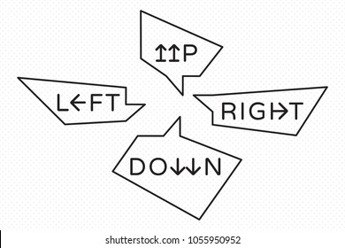 Up Down Left Right Logos Lettering with Arrows in Abstract Pointers Shapes Speech Bubbles - Black Elements on White Dots Wallpaper Background - Vector Flat Graphic Design