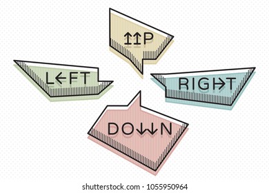 Up Down Left Right Logos Lettering with Arrows in Abstract Colored Sketch Style Pointers Shapes Speech Bubbles - Multicolor Elements on White Dots Wallpaper Background - Vector Flat Graphic Design