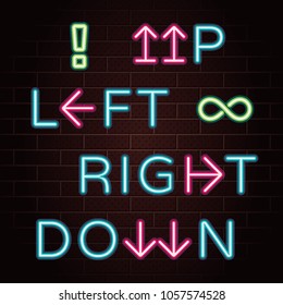 Up Down Left Right Logos Lettering Glowing Neon Light Style with Arrows and Infinity Sign Creative Concept Set - Colored Elements on Dark Brick Wall Background - Vector Flat Graphic Design