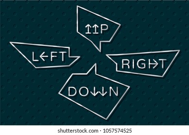 Up Down Left Right Silver Metallic Style Logos Lettering with Arrows in Abstract Pointers Shapes Speech Bubbles - Silver on Turquoise Holes Wallpaper Background - Vector Gradient Graphic Design