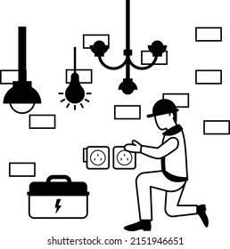 Down light Repairing vector icon design, Electrician Profession symbol, Power Supply and wiring Sign, handyman and Repairman tools stock illustration, Household electrician Fixing Switch Board Concept