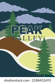 DOWN THE MOUNTAIN RETRO SKI WINTER AUTUMN OUTDOOR SNOW CLOUD HILLS TREE SCENIC GRAPHIC DESIGN PRINT VECTOR