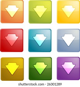 Ícone de navegação para baixo botão brilhante, forma quadrada, várias cores
