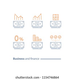 Down payment, cash loan, credit approval, income growth, investment dividends, decrease and increase graph, refinance, cost calculating, interest rate, stock market, vector line icon set, thin stroke