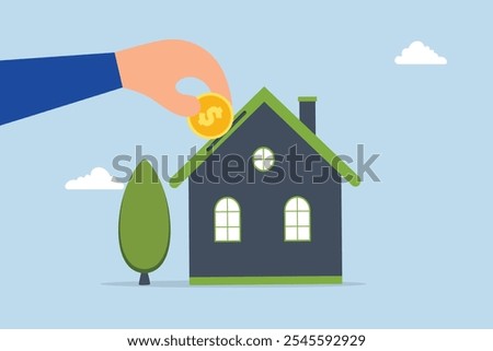 Down payment for house purchasing, businessman giving homeowner dollar coins inside the newly acquired house. 