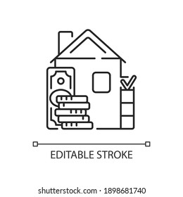 Down payment linear icon. Expensive good and service purchase. Real estate transaction. Thin line customizable illustration. Contour symbol. Vector isolated outline drawing. Editable stroke