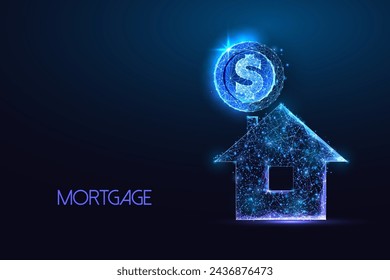 Down payment, mortgage, housing purchase futuristic concept with house and dollar coin symbols in glowing low polygonal style on dark blue background. Modern abstract design vector illustration.