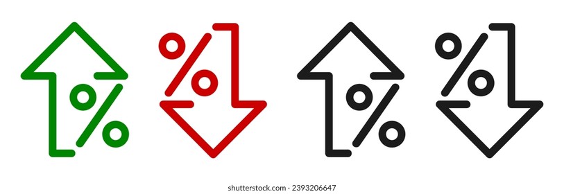Up and down percent icon, percent arrow up and down line symbols collection, percentage growth and decline signs - stock vector