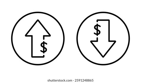 Up and down percent outline icon on circle line. Lower and higher price arrow sign symbol