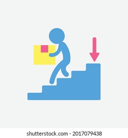  down pictogram, man and box, delivery, vector illustration
