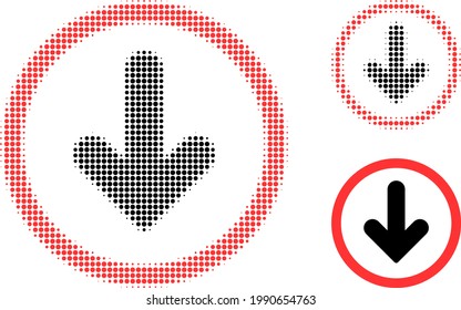 Down pointer halftone dotted icon. Halftone pattern contains circle dots. Vector illustration of down pointer icon on a white background.