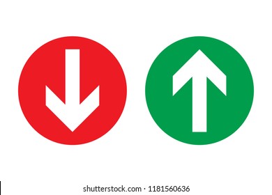 Up and down, pros and cons buy sell red left green right arrows in circles with transparent empty background. Simple icons for advantages disadvantages positive negative. Vector illustration.