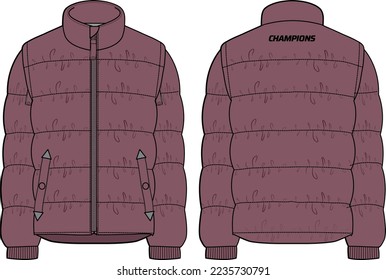 Down puffa Hoodie jacket design flat sketch Illustration, Padded Hooded jacket with front and back view, Soft shell winter jacket for Men and women for outerwear in winter.