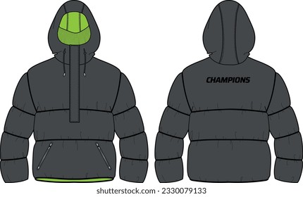 Down puffa Hoodie jacket design flat sketch Illustration, Quilted Puffer Padded Hooded jacket with front and back view, Soft shell winter jacket for Men and women for outerwear in winter.