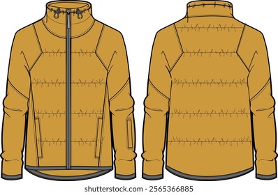 Down puffa Hoodie jacket design flat sketch Illustration, Padded puffer jacket with front and back view, Soft shell winter jacket for Men and women for outerwear in winter.