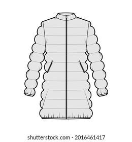 Down puffer coat jacket technical fashion illustration with long sleeves, stand collar, pockets, thigh length, classic quilting. Flat template front, grey color. Women, men, unisex top CAD mockup