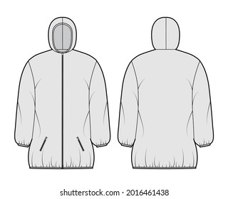 Down puffer coat jacket technical fashion illustration with long sleeves, hoody collar, zip-up closure, thigh length. Flat template front, back, grey color style. Women, men, unisex top CAD mockup