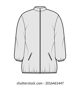 Down puffer coat jacket technical fashion illustration with long sleeves, stand collar, zip-up closure, pockets, boxy fit, thigh length. Flat template front grey color style. Women men, top CAD mockup